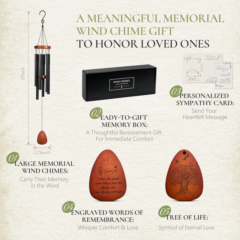 37 Inch Memorial Wind Chimes with Gift Set - Engraved Sympathy Gift